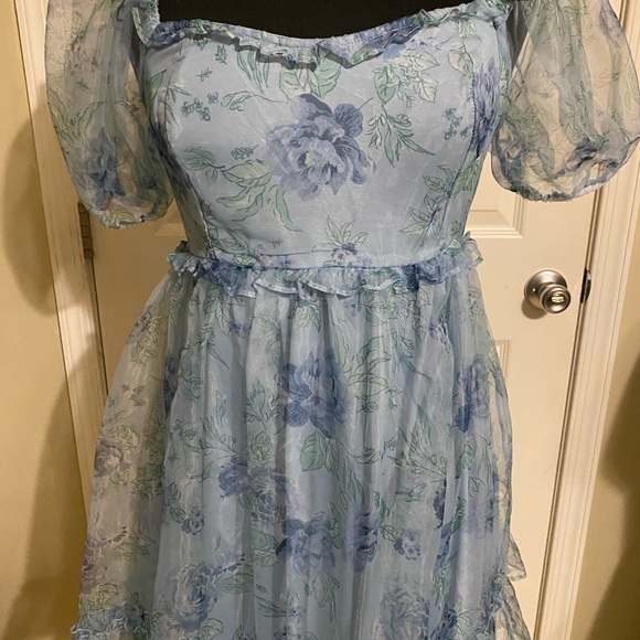 Altar’d State Floral Blue Puff Sleeve Dress - Size XL - Picture 2 of 6